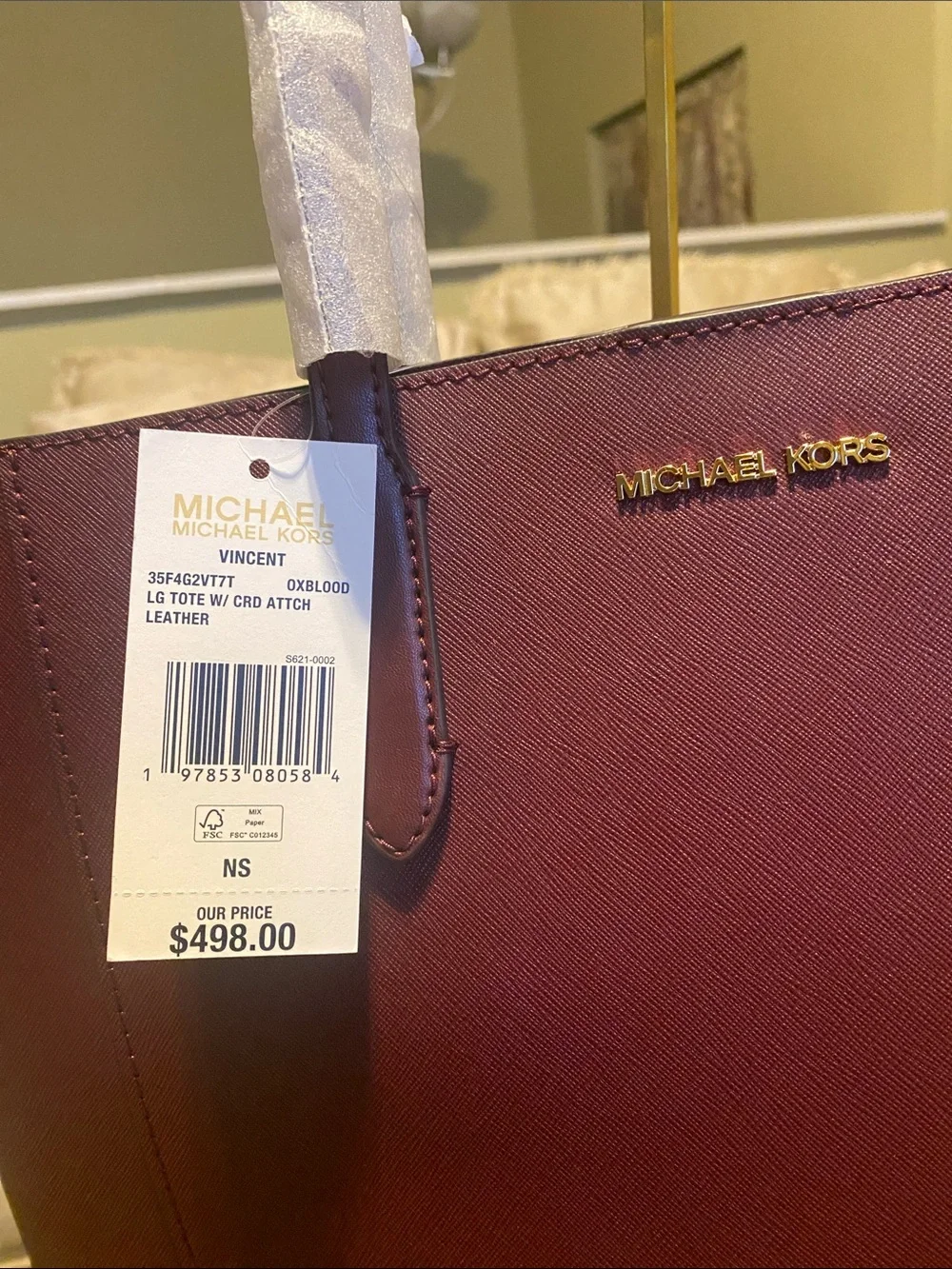 Michael Kors Burgundy Saffiano Leather Tote with Logo Tag - Picture 3 of 5